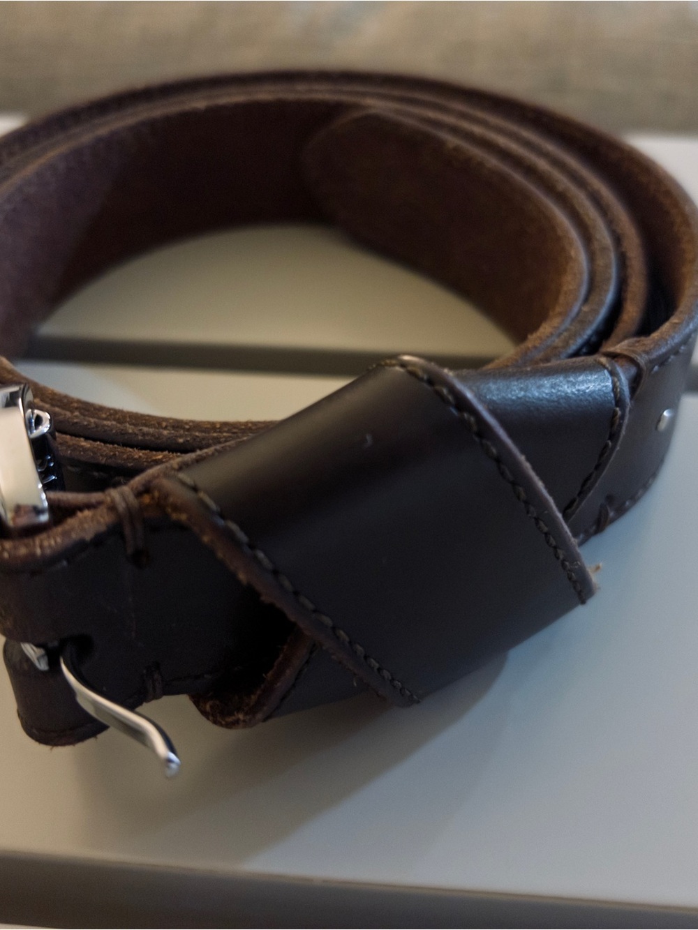 All Saints Men's Leather Belt - Dark Brown with Silver Buckle